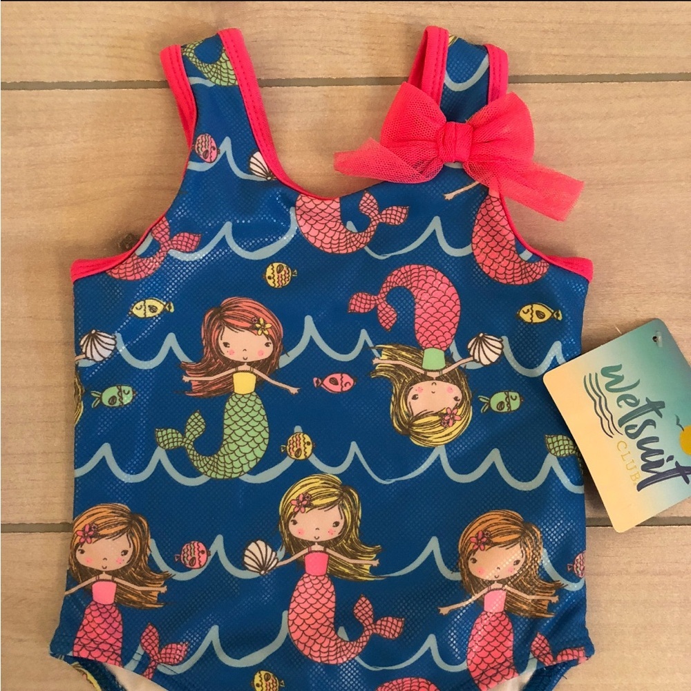 NWT Wetsuit Club Blue and Pink One Piece Mermaid Print Swimsuit with Tulle Skirt - Picture 2 of 4